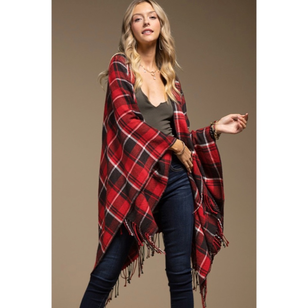 SOLD OUT Red Black Plaid Blanket Ruana Knit Fall Winter Fringe Open Poncho Wrap - Picture 2 of 7